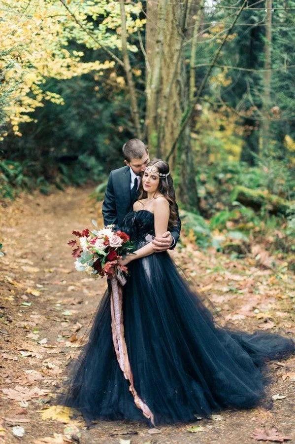 Modest Long A-line Princess Strapless Tulle Black Wedding Dress with Appliques Lace by BIZTUNNEL
