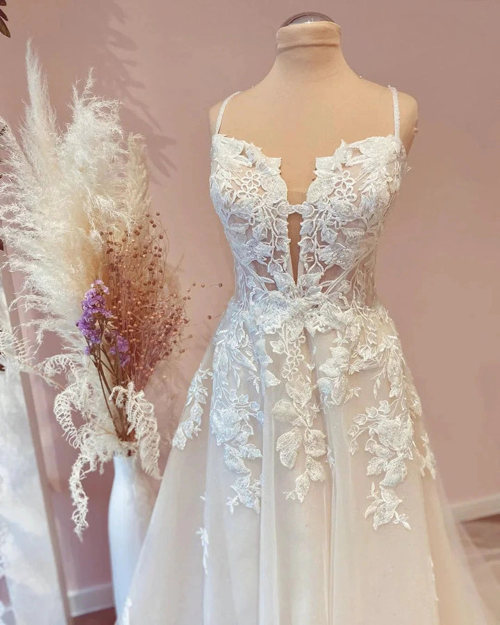 Modest Long A-line Spaghetti Straps Tulle Wedding Dress with Appliques Lace by BIZTUNNEL
