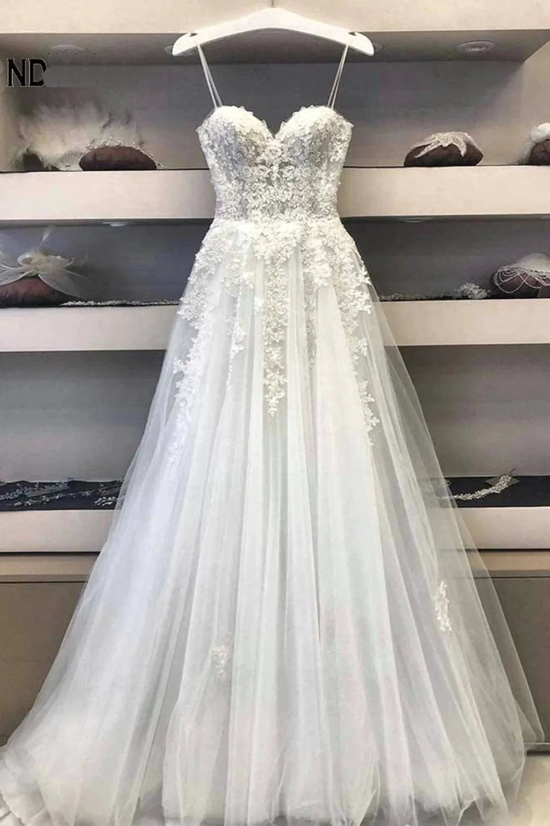 Modest Long A Line Sweetheart Lace Tulle Wedding Dress by BIZTUNNEL