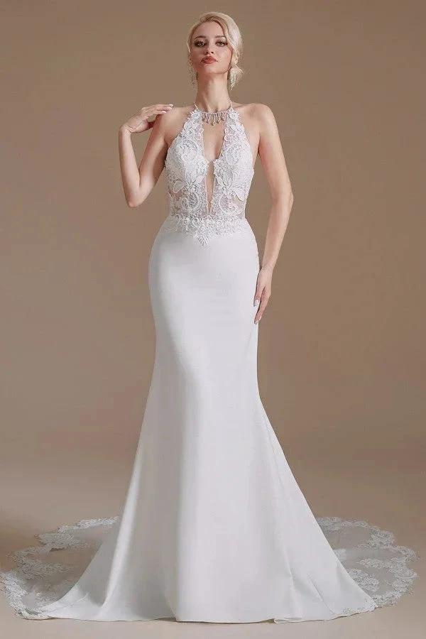 Modest Long Mermaid Halter Backless Satin Wedding Dresses with Appliques Lace by BIZTUNNEL