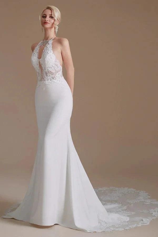Modest Long Mermaid Halter Backless Satin Wedding Dresses with Appliques Lace by BIZTUNNEL
