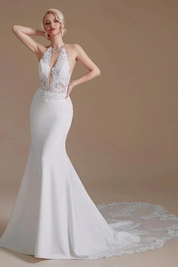 Modest Long Mermaid Halter Backless Satin Wedding Dresses with Appliques Lace by BIZTUNNEL