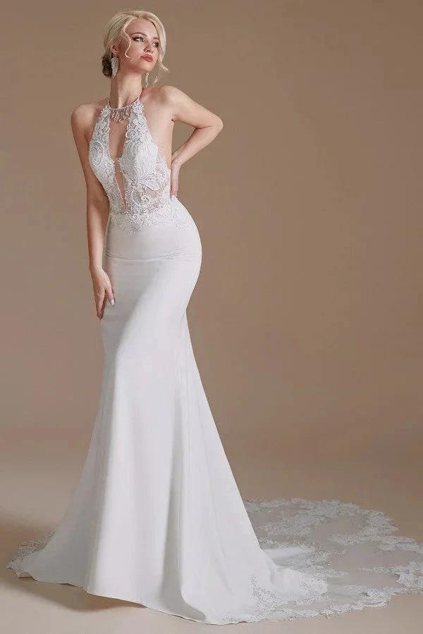 Modest Long Mermaid Halter Backless Satin Wedding Dresses with Appliques Lace by BIZTUNNEL