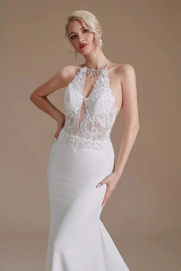 Modest Long Mermaid Halter Backless Satin Wedding Dresses with Appliques Lace by BIZTUNNEL