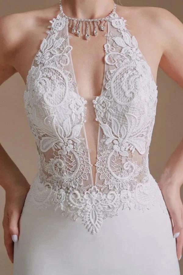 Modest Long Mermaid Halter Backless Satin Wedding Dresses with Appliques Lace by BIZTUNNEL