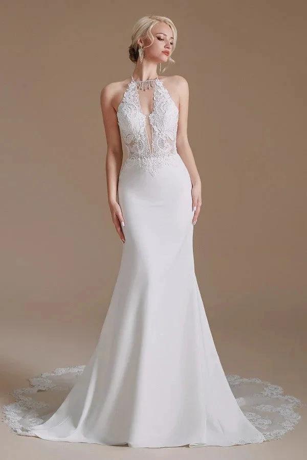 Modest Long Mermaid Halter Backless Satin Wedding Dresses with Appliques Lace by BIZTUNNEL