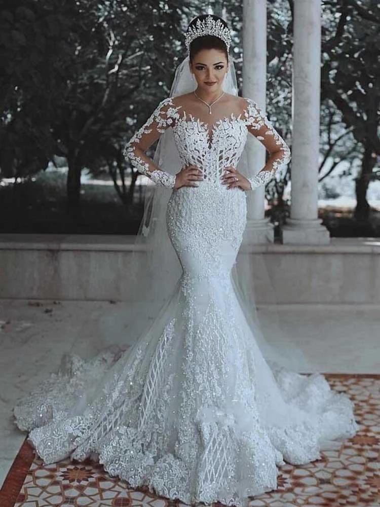 Modest Long Mermaid Lace Appliques Wedding Dresses with Sleeves by BIZTUNNEL