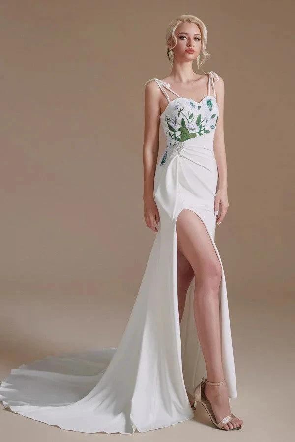 Modest Long Mermaid Satin Spaghetti Straps Open Back Wedding Dress with slit by BIZTUNNEL