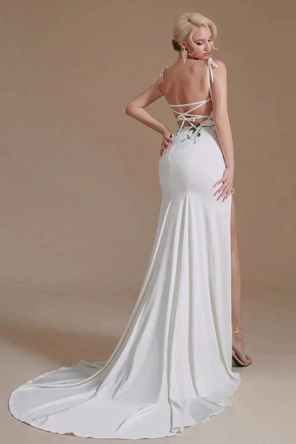 Modest Long Mermaid Satin Spaghetti Straps Open Back Wedding Dress with slit by BIZTUNNEL