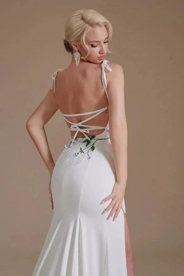Modest Long Mermaid Satin Spaghetti Straps Open Back Wedding Dress with slit by BIZTUNNEL