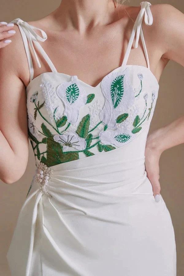 Modest Long Mermaid Satin Spaghetti Straps Open Back Wedding Dress with slit by BIZTUNNEL
