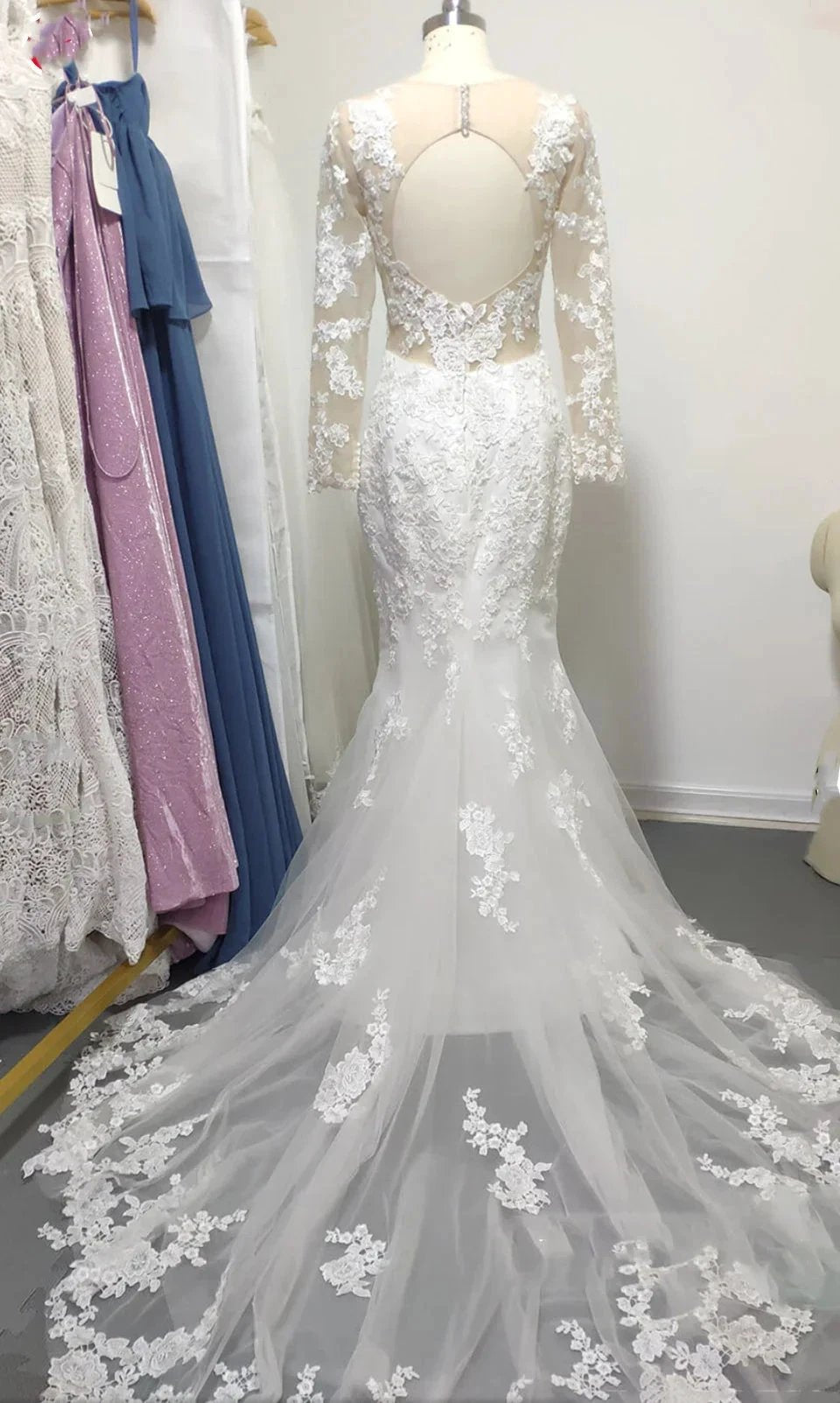Modest Long Mermaid Sweetheart Lace Wedding Dress with Sleeves by BIZTUNNEL