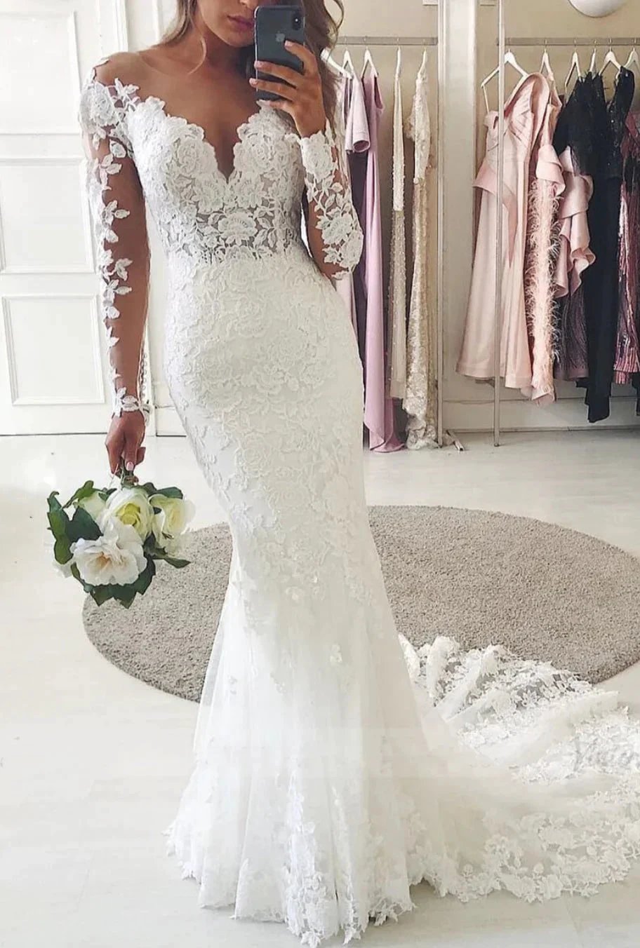 Modest Long Mermaid Sweetheart Lace Wedding Dress with Sleeves by BIZTUNNEL