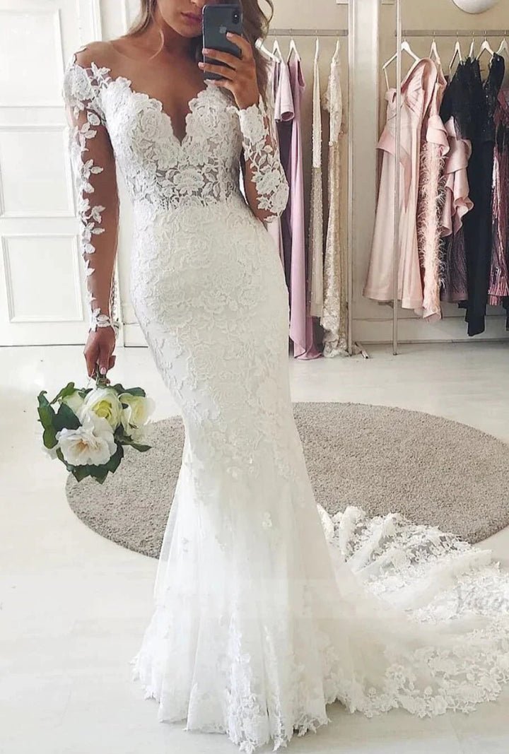 Modest Long Mermaid Sweetheart Lace Wedding Dress with Sleeves by BIZTUNNEL