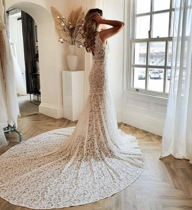Modest Long Mermaid V-neck Open Back Lace Wedding Dress by BIZTUNNEL