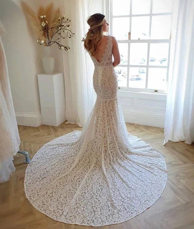 Modest Long Mermaid V-neck Open Back Lace Wedding Dress by BIZTUNNEL