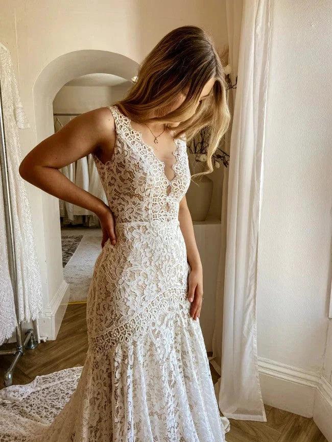 Modest Long Mermaid V-neck Open Back Lace Wedding Dress by BIZTUNNEL