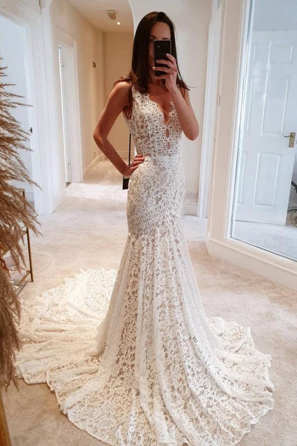 Modest Long Mermaid V-neck Open Back Lace Wedding Dress by BIZTUNNEL