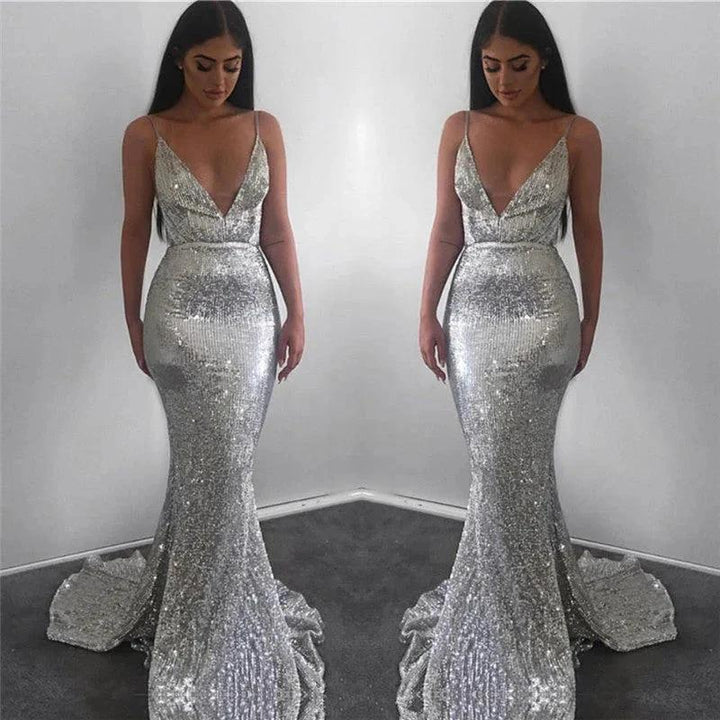 Modest Long Mermaid V-neck Sequined Open Back Prom Dress by BIZTUNNEL