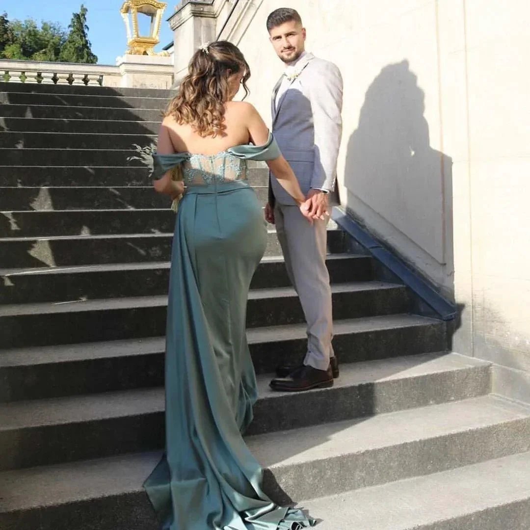 Modest Long Off-the-Shoulder Satin Mermaid Prom Dress with Slit by BIZTUNNEL