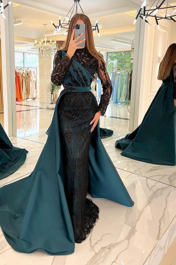 Modest Long Sleeves Mermaid Satin Prom Dress Black Sequins Evening Dresses by BIZTUNNEL