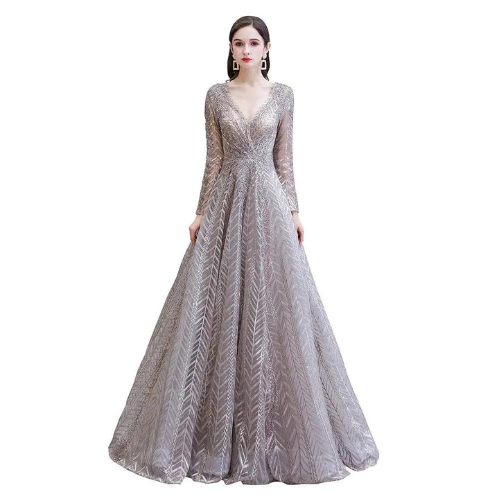 Modest Long Sleeves V-Neck Princess Prom Dress Sequined Aline Party Gown by misshow.com