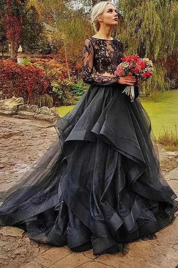 Modest Long Two Piece Tulle Lace Puffy Black Wedding Dress With Sleeves by BIZTUNNEL