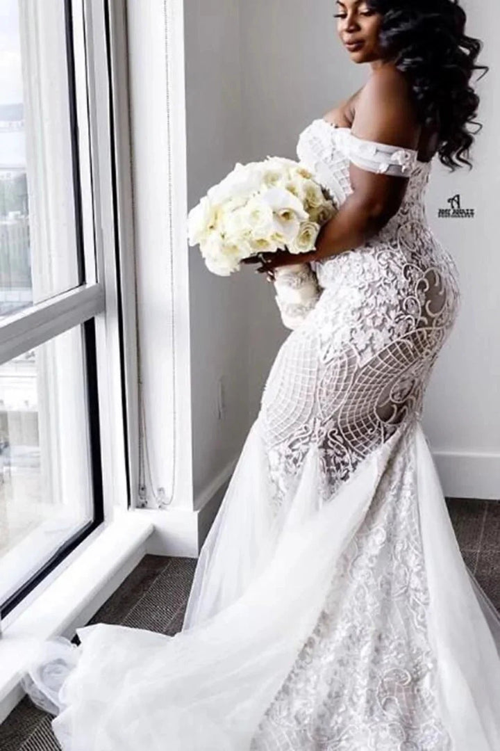Modest Plus Size Long Mermaid Off-the-Shoulder Lace Wedding Dresses by BIZTUNNEL