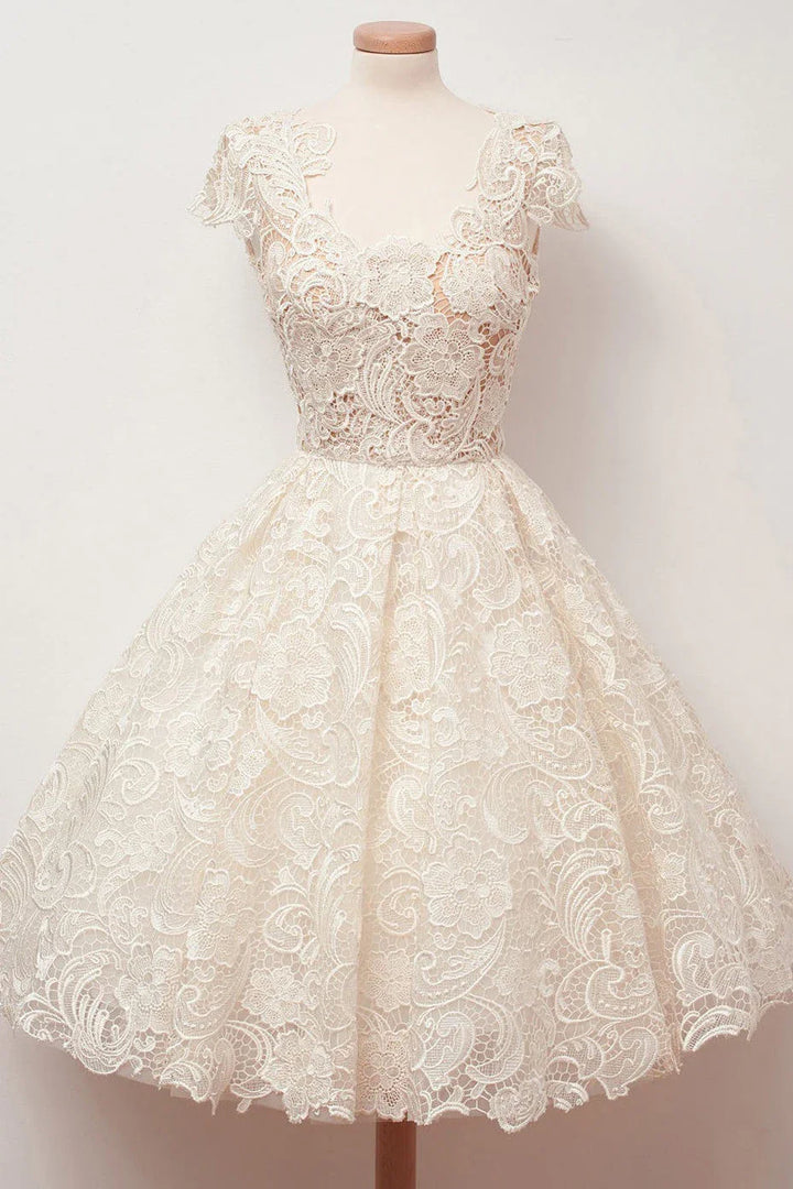 A-line Scoop Lace Short Prom Dresses Cap Sleeves Homecoming Dresses by Ombreprom