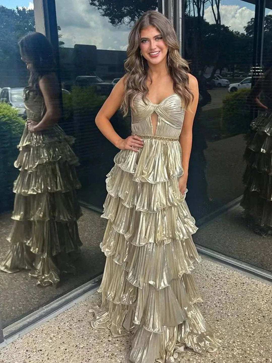 Murray | Sweetheart Spaghetti Straps Tiered A-Line Metallic Prom Dress by KissProm