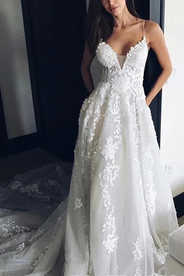 Deep V Neck Spaghetti Straps Beach Wedding Dress Bridal Gown WD556 by pgmdress