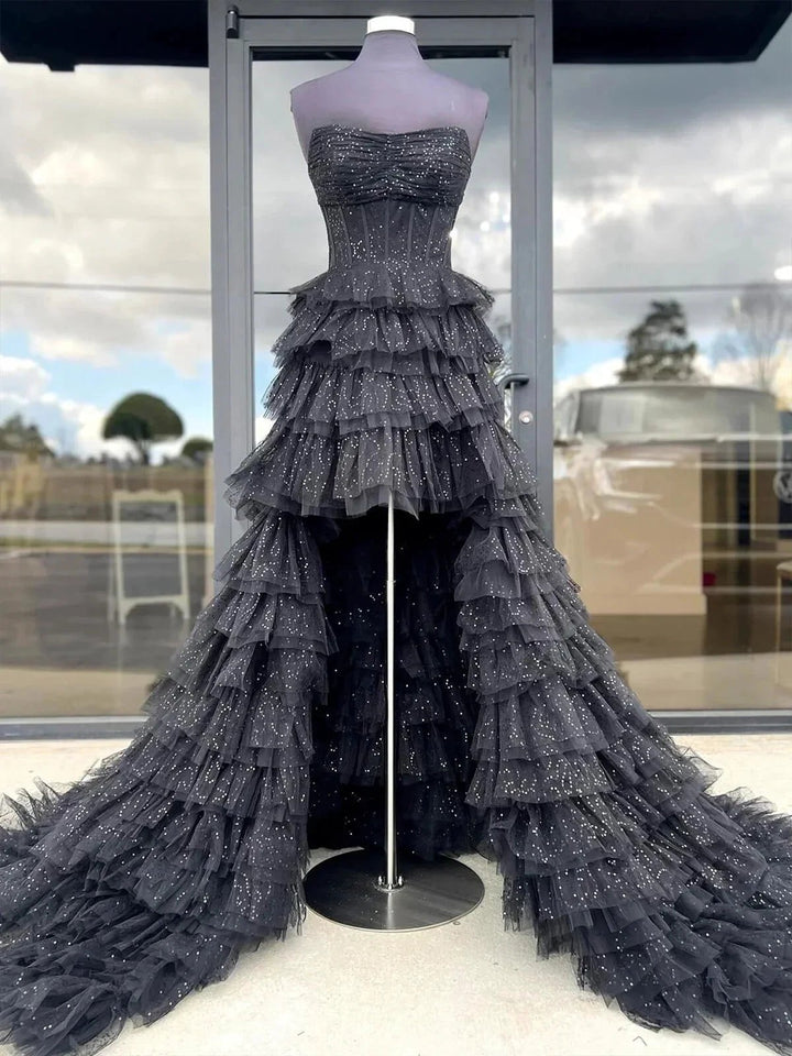Nanette | Black Strapless High Low Ruffles Tulle Prom Dress by KissProm