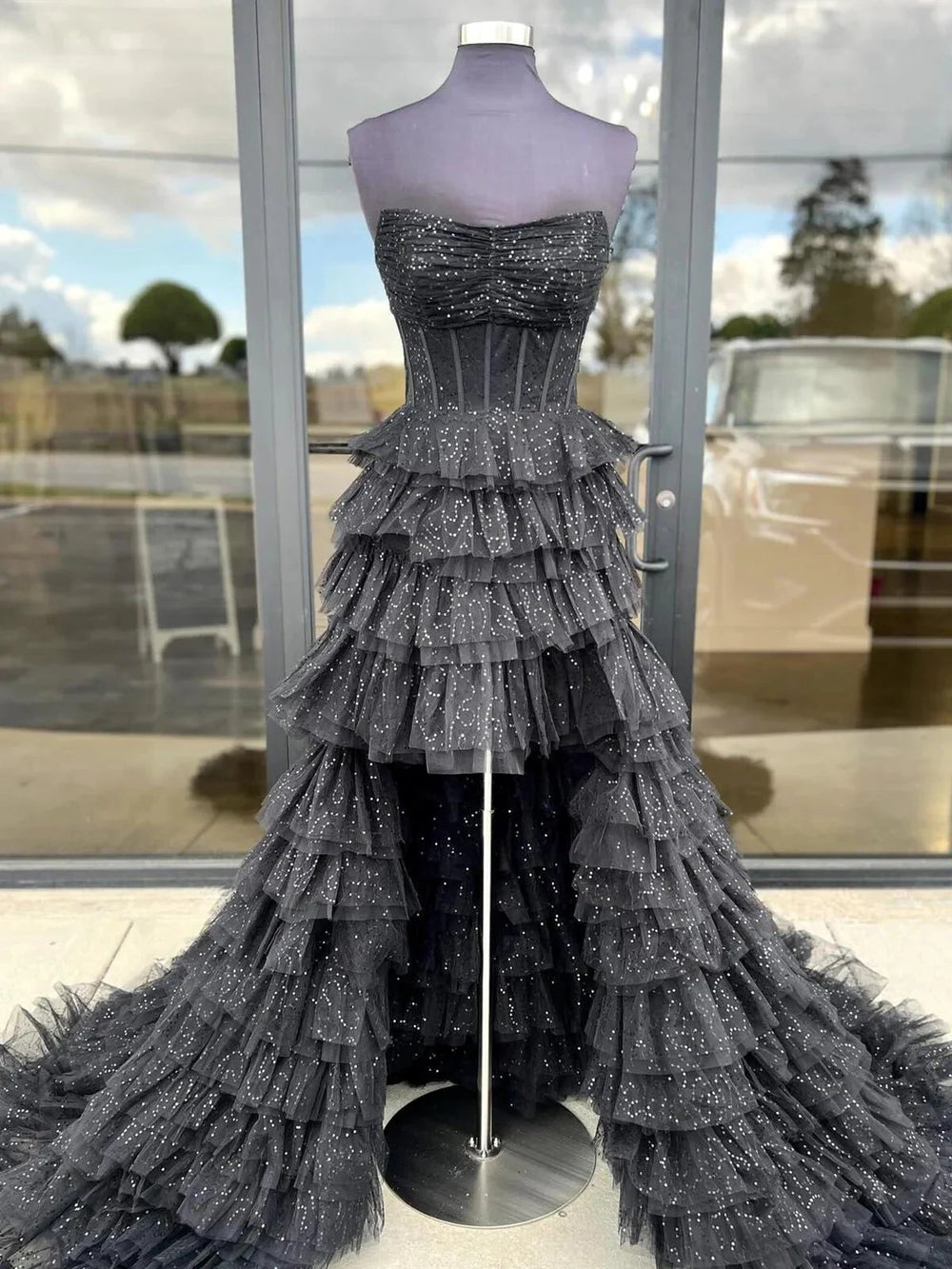 Nanette | Black Strapless High Low Ruffles Tulle Prom Dress by KissProm