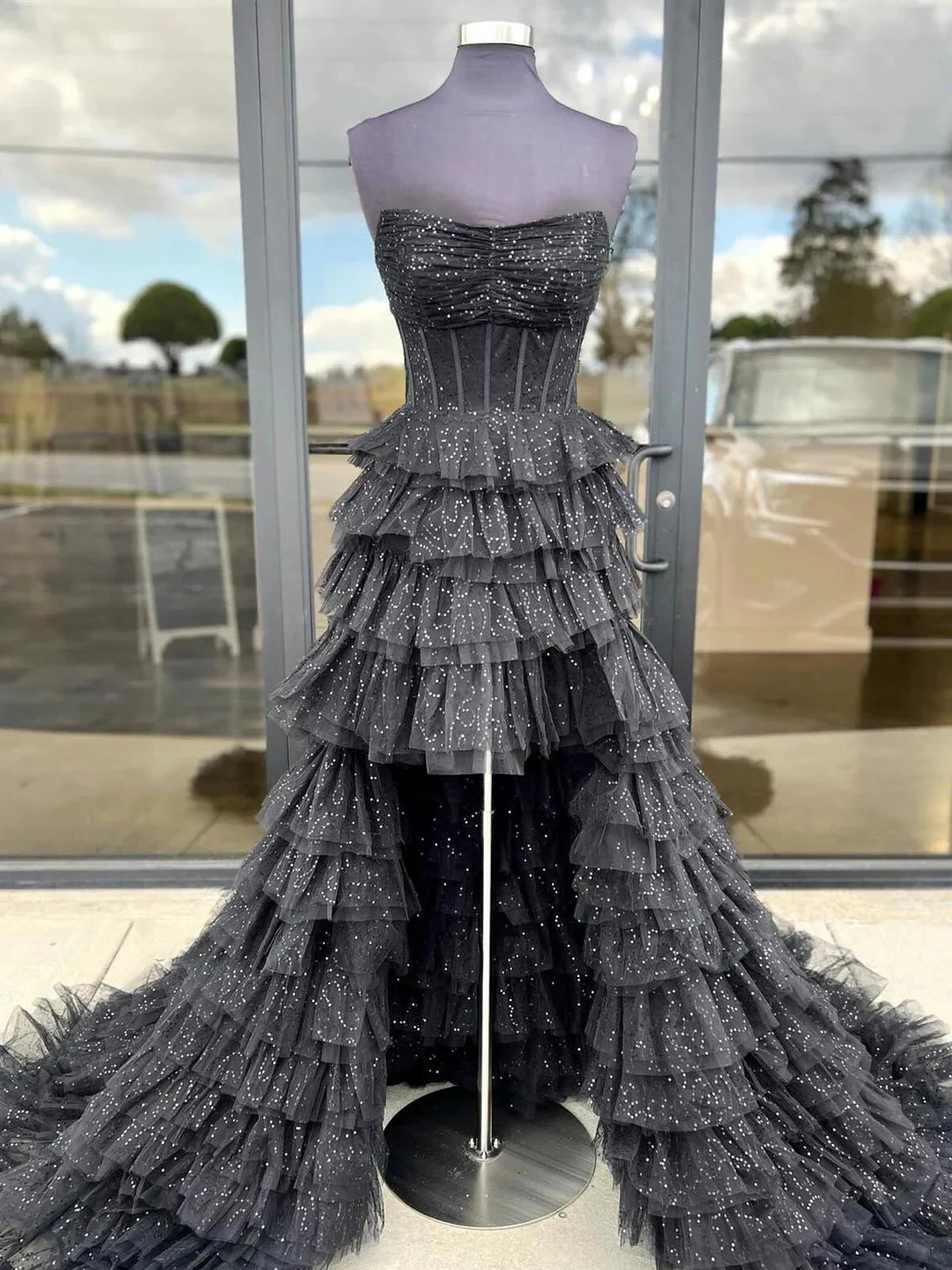Nanette | Black Strapless High Low Ruffles Tulle Prom Dress by KissProm