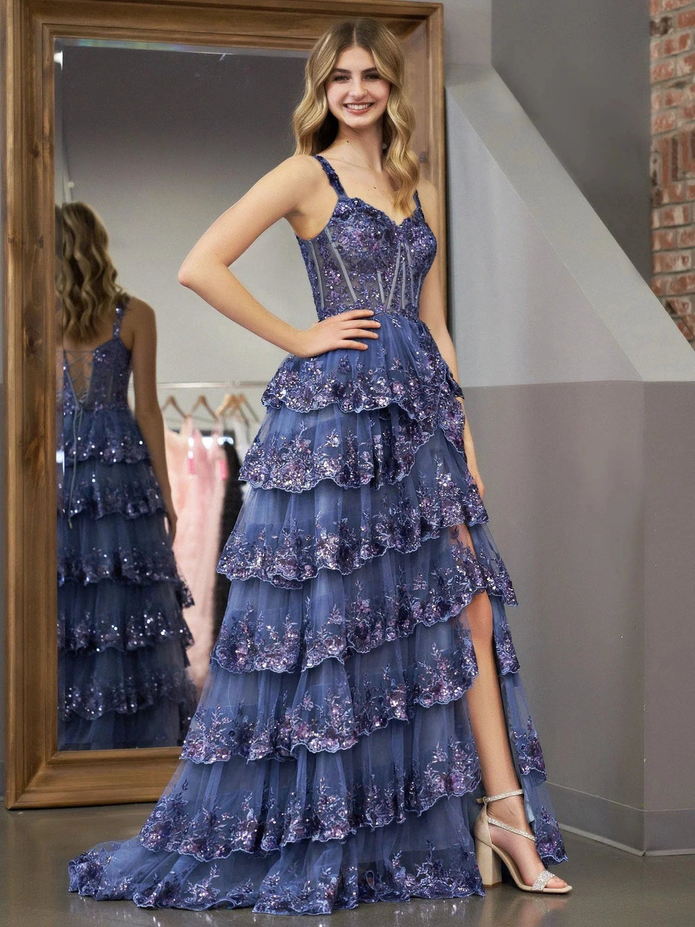 Grey Blue Princess A Line Off the Shoulder Corset Prom Dress with Lace Ruffles by KissProm