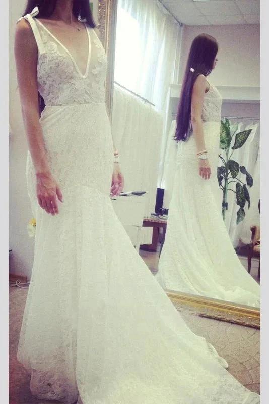 Neck Sleeveless Pretty Mermaid Gown With Deep V Back Long Lace Elegant Wedding Dresses by misshow.com
