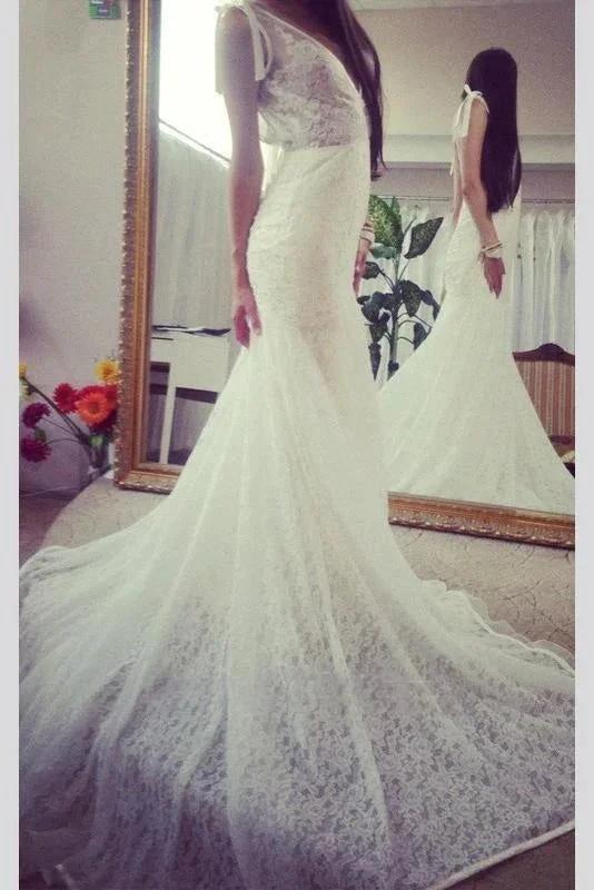 Neck Sleeveless Pretty Mermaid Gown With Deep V Back Long Lace Elegant Wedding Dresses by misshow.com