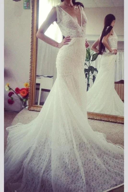 Neck Sleeveless Pretty Mermaid Gown With Deep V Back Long Lace Elegant Wedding Dresses by misshow.com