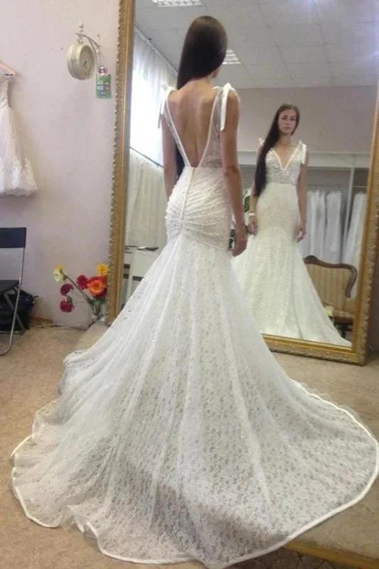 Neck Sleeveless Pretty Mermaid Gown With Deep V Back Long Lace Elegant Wedding Dresses by misshow.com