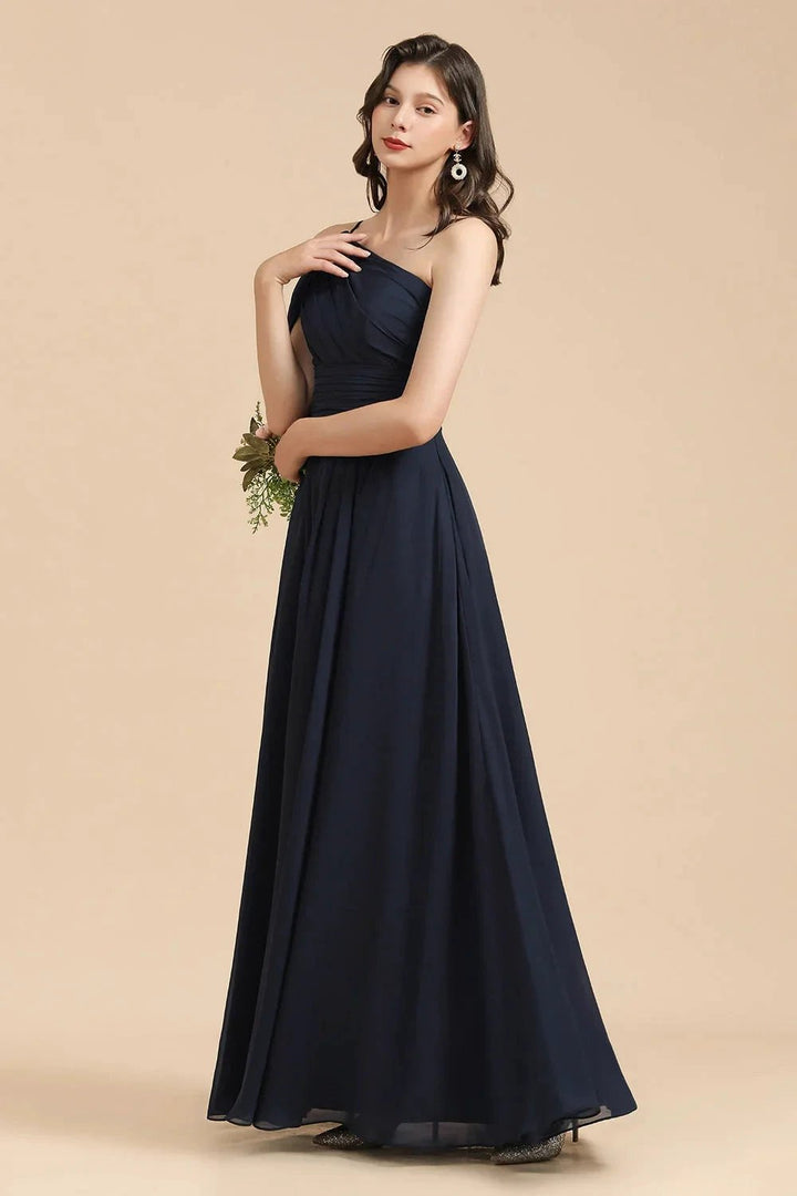 New Arrival Black One Shoulder A-line Long Bridesmaid Dress by misshow.com
