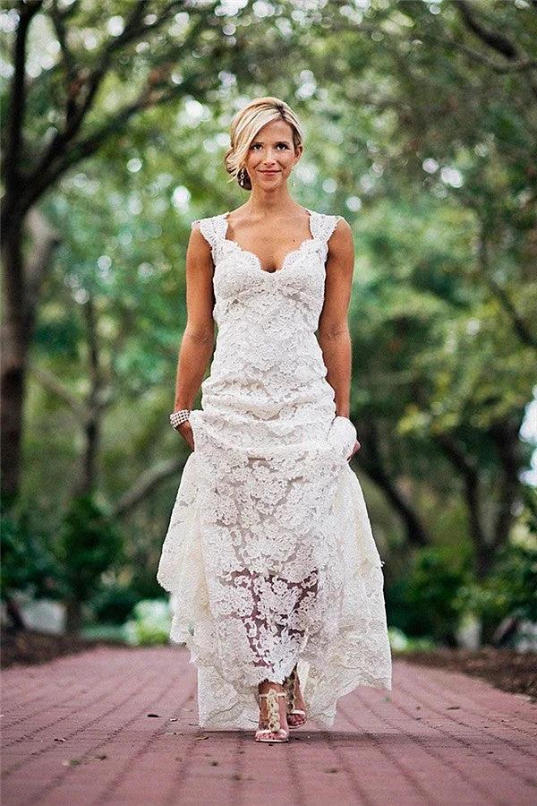 New Arrival Full Lace Wedding Dress Sleeveless Summer Bridal Wears by misshow.com