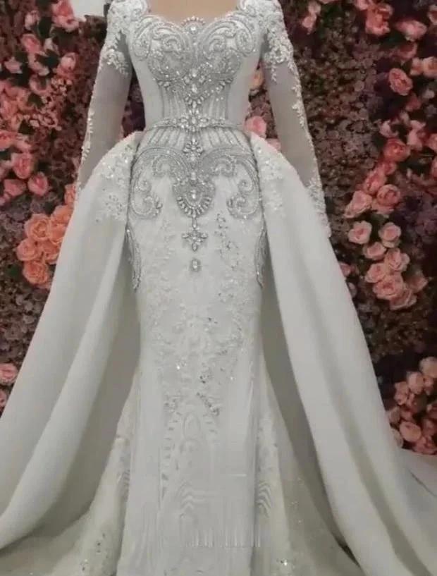 New Arrival Long Sleeves Mermaid Wedding Dress with Overskirt by misshow.com