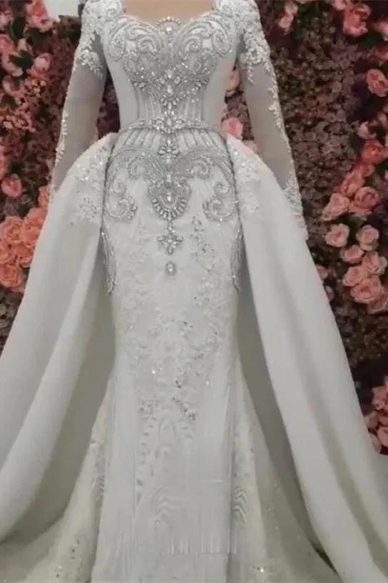 New Arrival Long Sleeves Mermaid Wedding Dress with Overskirt by misshow.com