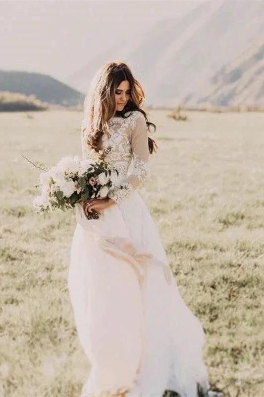 New Arrival Long Sleeves Tulle Wedding Dress Appliques Bridal Wears by misshow.com