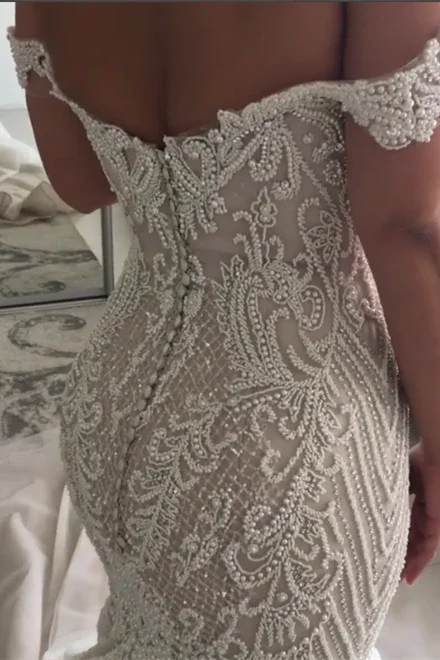 New Arrival Off-the-Shoulder Sweetheart Pearl Mermaid Chapel Train Wedding Dress by misshow.com