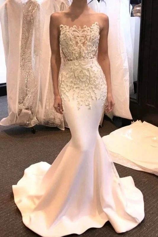 New-Arrival Sheer Neck Sleeveless Sweep Train Satin Pretty Mermaid Elegant Wedding Dresses by misshow.com