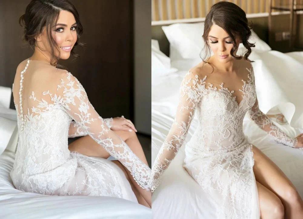 New Full Lace Split Wedding Dress Illusion Back Bridal Wears with Detachable Skirt by misshow.com