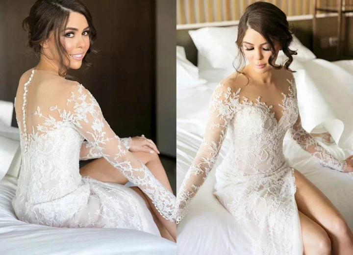 New Full Lace Split Wedding Dress Illusion Back Bridal Wears with Detachable Skirt by misshow.com