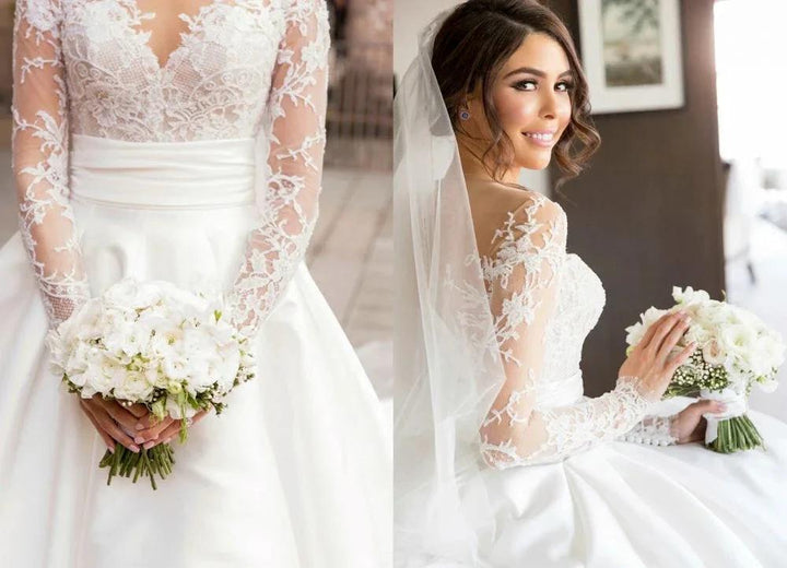 New Full Lace Split Wedding Dress Illusion Back Bridal Wears with Detachable Skirt by misshow.com