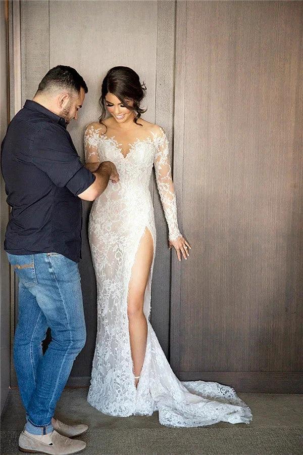 New Full Lace Split Wedding Dress Illusion Back Bridal Wears with Detachable Skirt by misshow.com